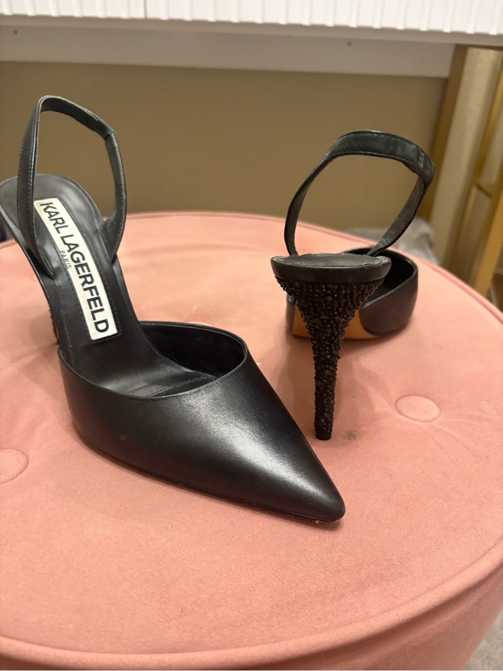 Karl Lagerfeld Black Pointed Slingback Pumps with Crystal Stiletto Heel